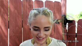 Lovely blonde gets huge cock in public