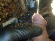 Pov lad unzips and flops it out to take a yellow piss next to muddy tire