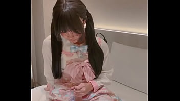 Cute big-dick femboy Aroma jerks off in a pink dress and cums