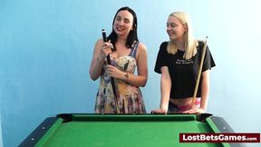 Two tittied friends get wild & sloppy in a raunchy game of nude pool