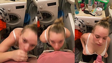 Girl sucked his cock in bathroom while her made her dinner in the next room