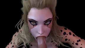 Exotic cat girl Cheetara deep throats cock in POV