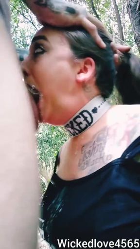 Outdoor deep and sloppy face-fucking for brunette blowjob goddess