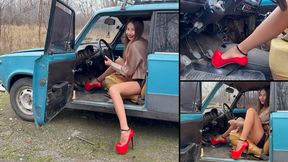 Nastya revs her VAZ in red pumps