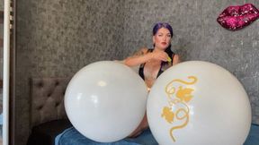 girl in black body sittopop big white balloons with neck