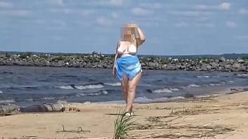 Hot Mom on the Beach in White Swimsuit