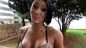 Amazing brunette shemale has solo sex
