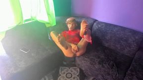Sissy Slut Gets Horny in the Living Room of Her House and Masturbates While Showing Her Tight Hole