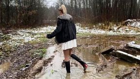Authentic Christian Louboutin boots in mud and swamp, high heels boots in mud, wet Louboutin boots, Louboutin high heels in mud, boots in mud, wet boots, over the knee high heels boots in mud