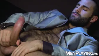 Muscular Italian hunk fingers his ass and jerks off in solo masturbation