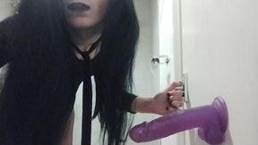 Goth bitch Natalie backs up on dildo for first video