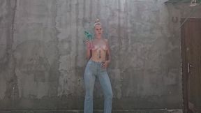 Wet Jeans Shame: Desperate Topless Girl Peeing