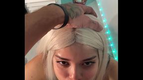 The Pleasure Witch: she swallows and masturbates the big cock with a seductive look.