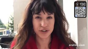 POV glance of wooly dark-haired rubbing her clit