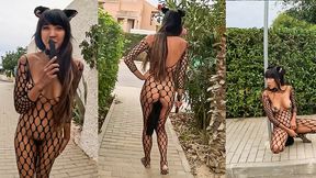 Latina in Cat Costume Masturbates in Public with Big Ass