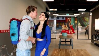 Brunette with a wet, shaved pussy gets fucked at work