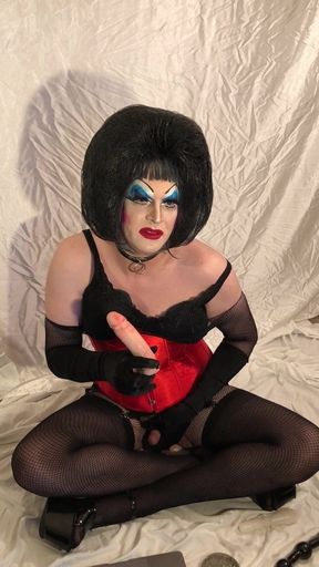 Sissy Drag Queen Slut fucks &amp; sucks big dildo -ass to mouth