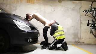 Watch this hot twink get his ass pounded hard in the garage while getting his mouth and ass stuffed with big cock