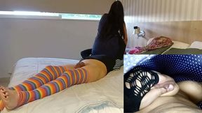 Licking her wet pussy under her dress and feeding on her juicy tits