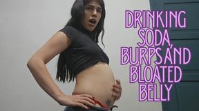 Drinking a glass of soda, burps, showing bloated belly and inflation