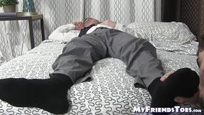 ”Hunk is arest while man sniffs & licks his feet & toes”