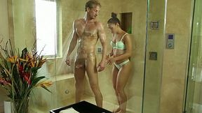 Lewd dude gets a boner while taking shower with bootyful brunette babe