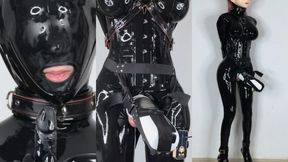Gagged Dingyuan latex kigurumi gets milked by autostroker