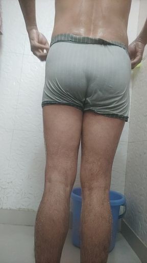 Hot and sexy bubble ass guy taking shower in front of gf