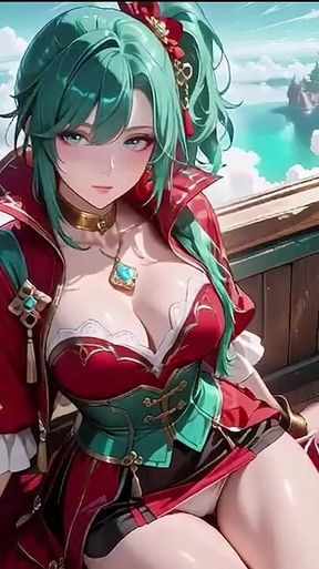 The Red-clad Blade's Private Tease! Green-haired Warrior in a Black-red Battle Robe, Commanding yet Shy on the Floating Terrace.
