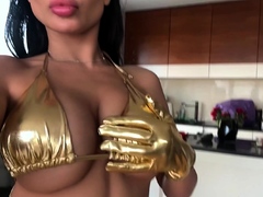 Busty curly brunette with big boobs fucks on couch