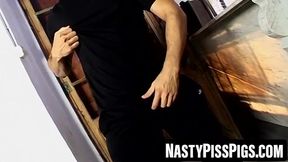 Gay freak wrecks hole with huge dildo then pees