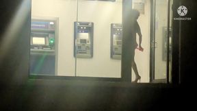 Sissy in Slutty Dress Masturbating Her Ass in Public ATM with Dildo at Night