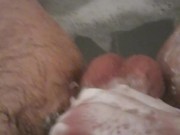 Horny hairy daddy bath time handjob and cum!
