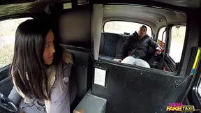 Hot Asian taxi girl takes on a massive white tool in reverse cowgirl