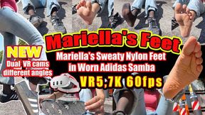 VR 3D 5,7K 180 60 fps | Mariella Sits Close in Her Worn Adidas Samba with Sheer Nylons – Sweaty, Steamy, Cheesy-Scented Feet After a Scorching Day, Slippery Toes, Intimate Angles, Nylon Tease, Then Bare Salty Perfection – Multi-Camera Masterpiece