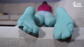 Colorful worn pantyhose and Ivet's sexy soles teasing
