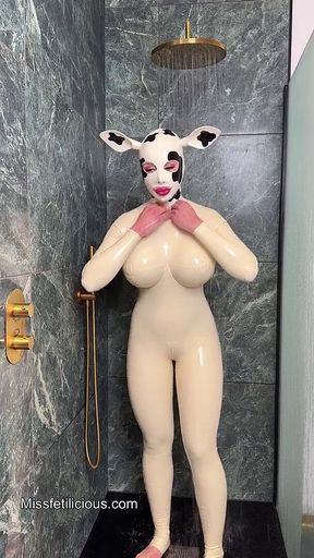 Latex Cow Undressing Under the Shower