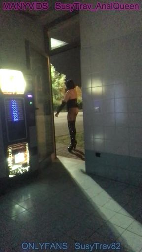 Caged Femboy Slut Destroys Ass with Massive Dildo in TruckStop Bathroom