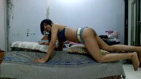 Sweet sissy crossdresser femboy Sweet Lollipop with denim bikini on the bed.