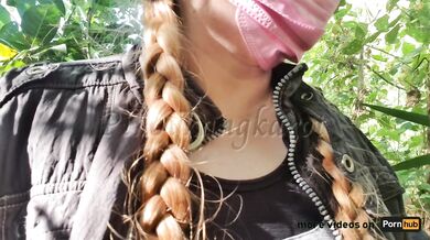 Andrea’s masked face raw outdoor fuck while locals almost catch us