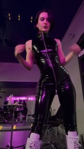 Shiny catsuit tease pvc latex zip Miss Flora