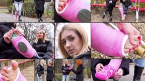 Sofi SLWC Crutching and Gimping in the Park with Foot Massage with and without Cast Sock (in HD 1920X1080)