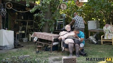 Blonde BBW drained by two strangers outside with her huge saggy tits