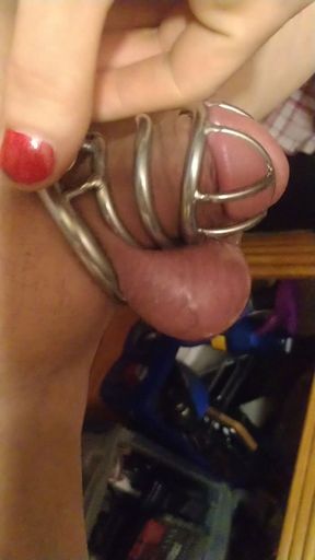 Chubby caged sissy CD wearing lingerie with bulging cock in chastity wearing butt plug ready to explode