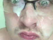 After the Shot | Big Sticky Glasses Facial. Thick Dripping Cum ; p