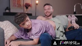 Femboy twink Sam Ledger teases boyfriend with blowjob to distract him while Marcus McNeil gets his thick dick fucked raw and rough in HD