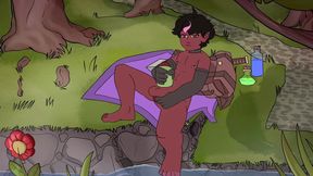 Femboy elf boy strokes his cock and cums in the forest bareback