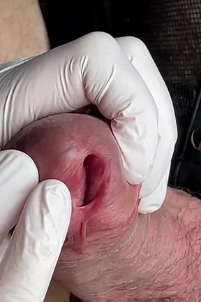 Glans Game with White Latex Gloves in Super-closeup. Alternative View.