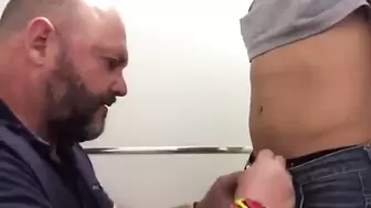 Bear and Twink Amateur Blowjob in Bathroom Stall