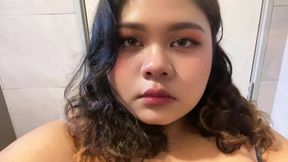 Fat MILF teases with big natural boobs before shower